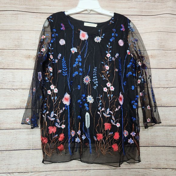 Sorrento Tops - Sorrento Navy Blue Floral Embroidered Blouse Sheer Sleeves Women's Medium